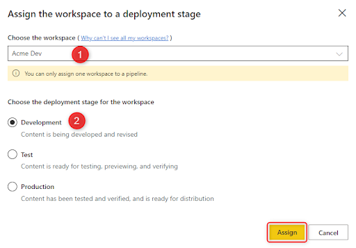 Select the Power BI workspace and deployment stage