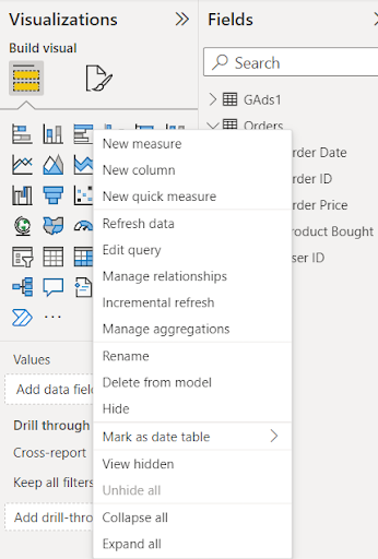 Fields panel with all the data sheets and columns